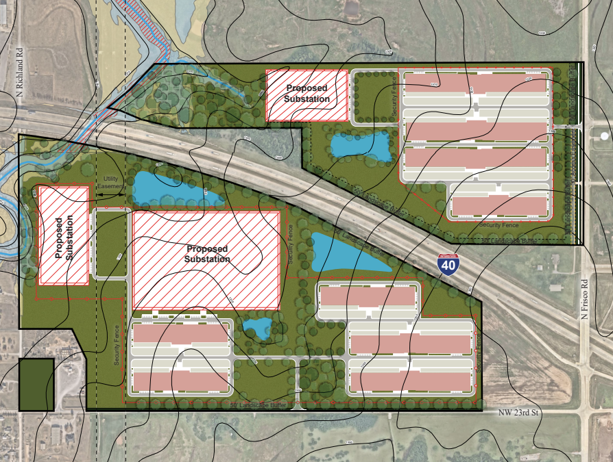 Conceptual site plan showing data center campus layout with buildings, substations, and landscape buffers